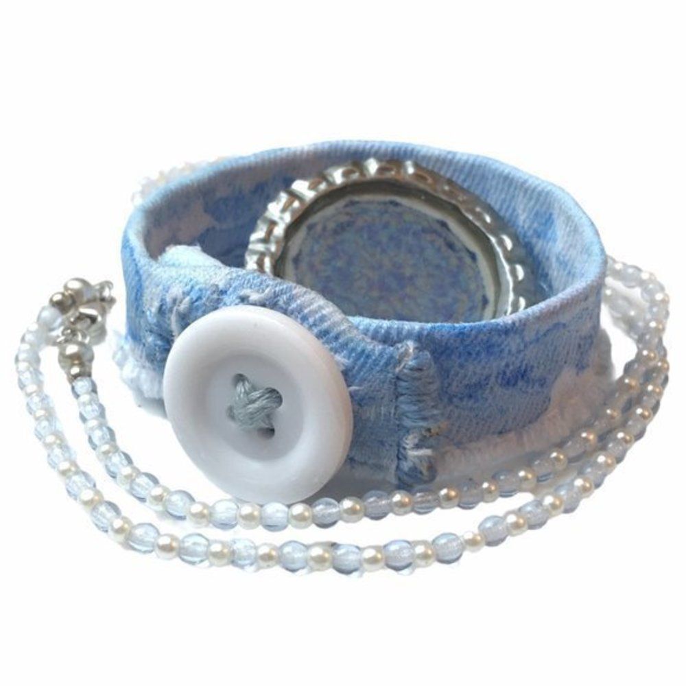 Handmade Jewelry Lot Necklace Denim Bracelet Resin Bottle Cap Brooch Blue